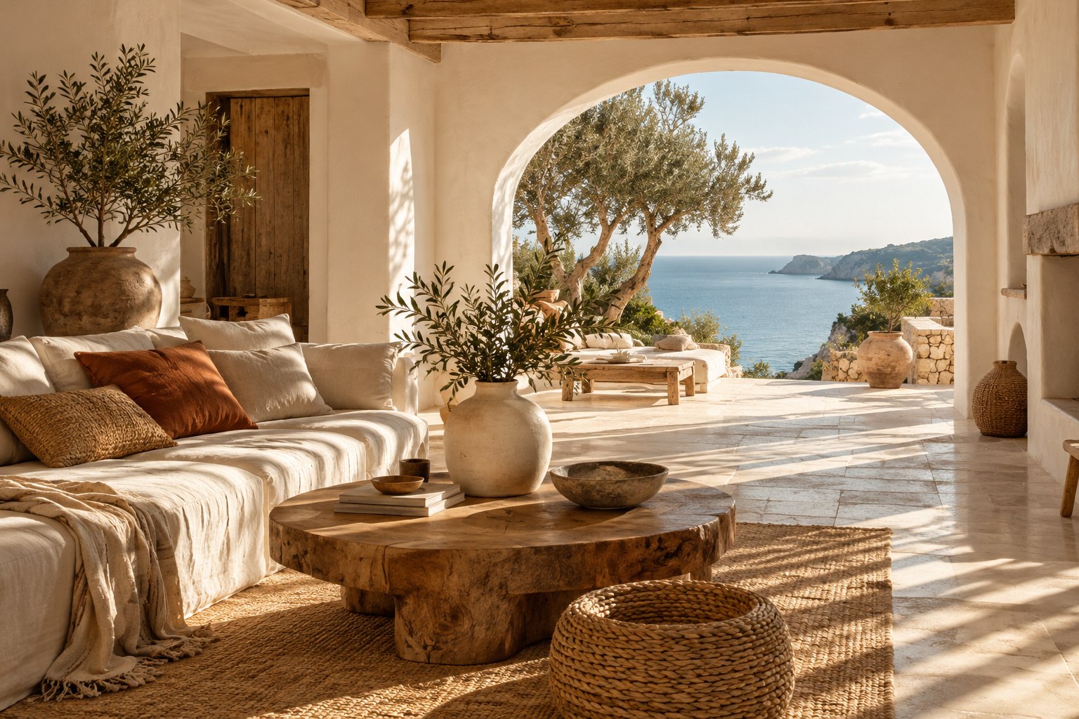 Sfeerimpressie van een warm Ibiza-interieur met natuurlijke materialen