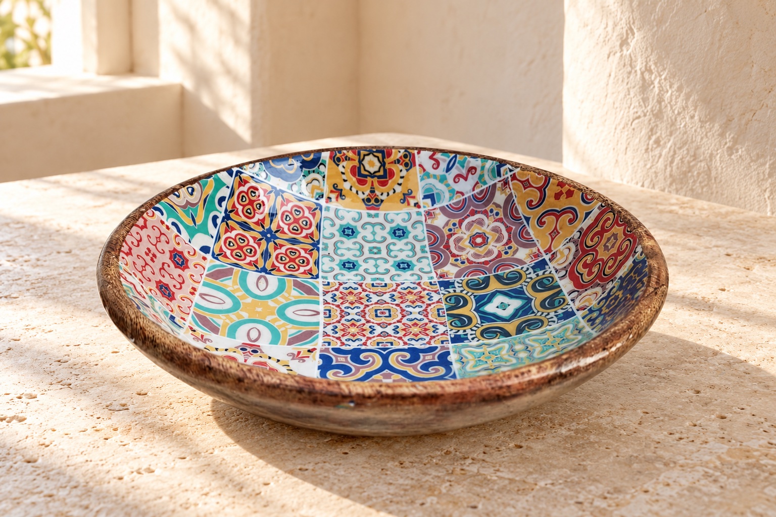 AI-sfeerimpressie · ter inspiratie; kleuren, details en verhoudingen kunnen afwijken. De originele productfoto bepaalt de uitvoering. Mangohouten kom met tegelmotief – groot, artikel 34458, in een mediterrane binnensfeer