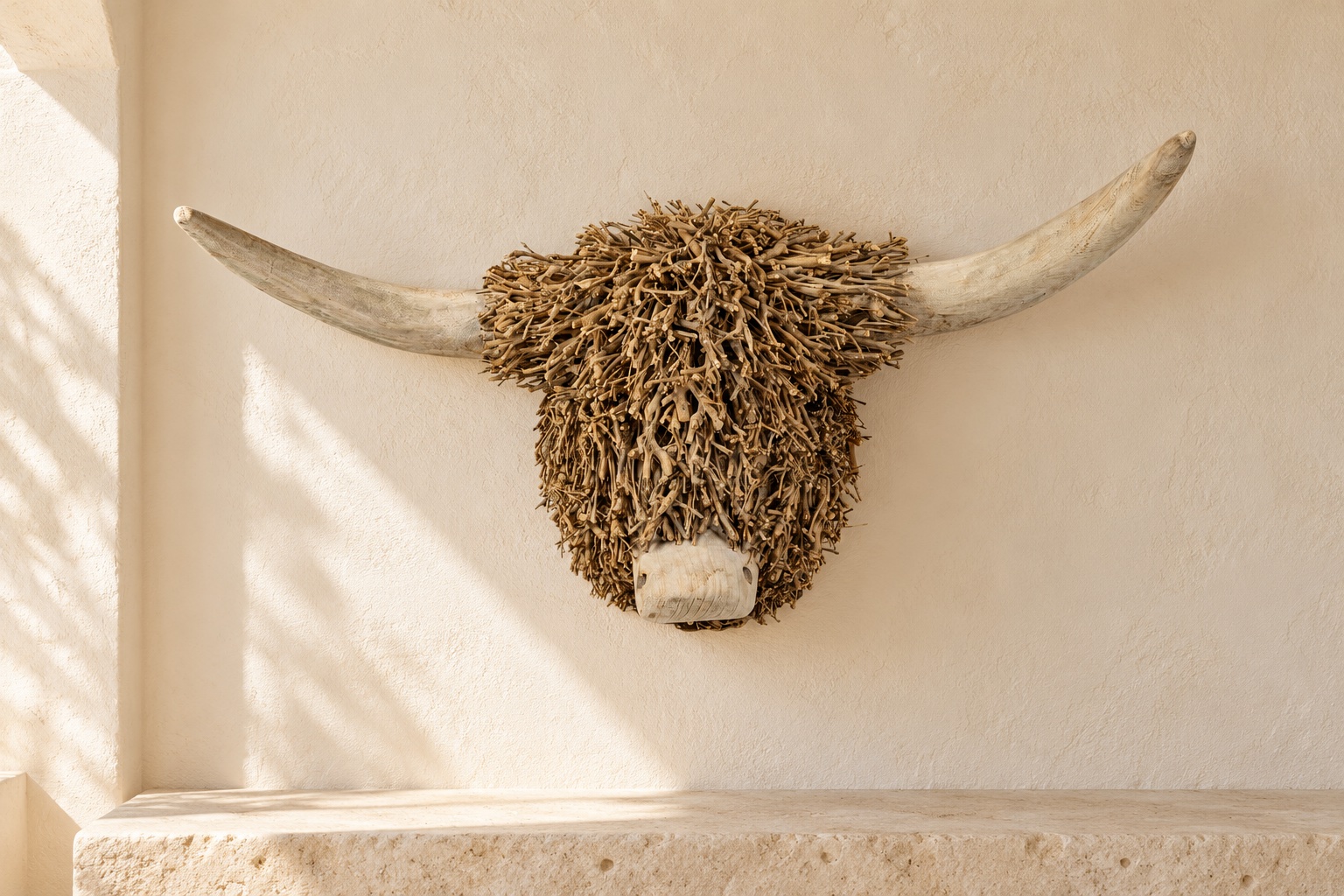 AI-sfeerimpressie · ter inspiratie; kleuren, details en verhoudingen kunnen afwijken. De originele productfoto bepaalt de uitvoering. Houten stierenkop wanddecoratie 60 × 35 × 33 cm, artikel 39564, in een mediterrane binnensfeer