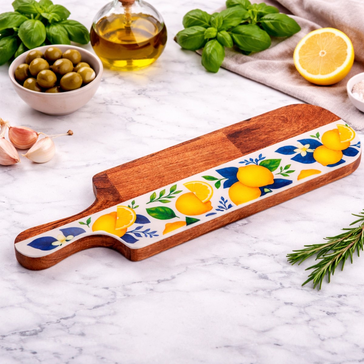 Snijplank met citroenmotief 49 × 15 × 2 cm, artikel 39325, in een mediterrane binnensfeer