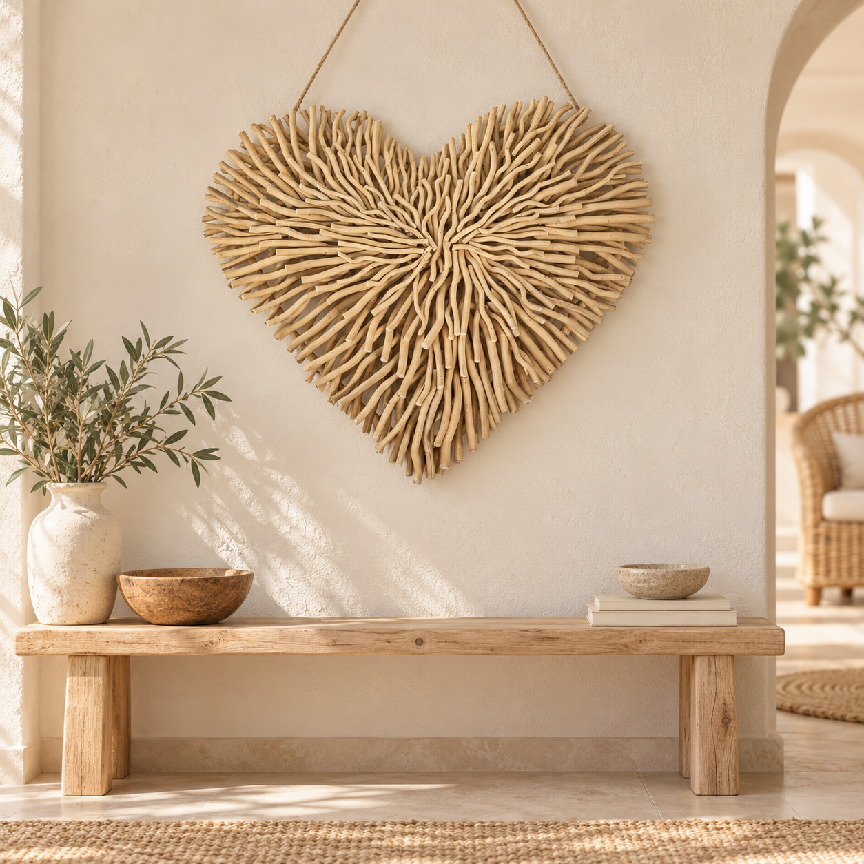 Wanddecoratie hart van moerbeihout, artikel 36207, in een mediterrane binnensfeer
