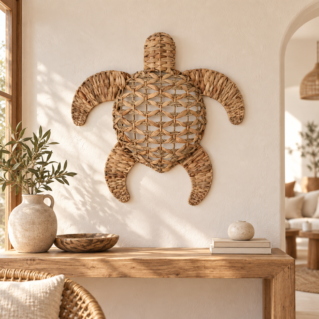 Wanddecoratie schildpad van waterhyacint – groot, artikel 36512, in een mediterrane binnensfeer