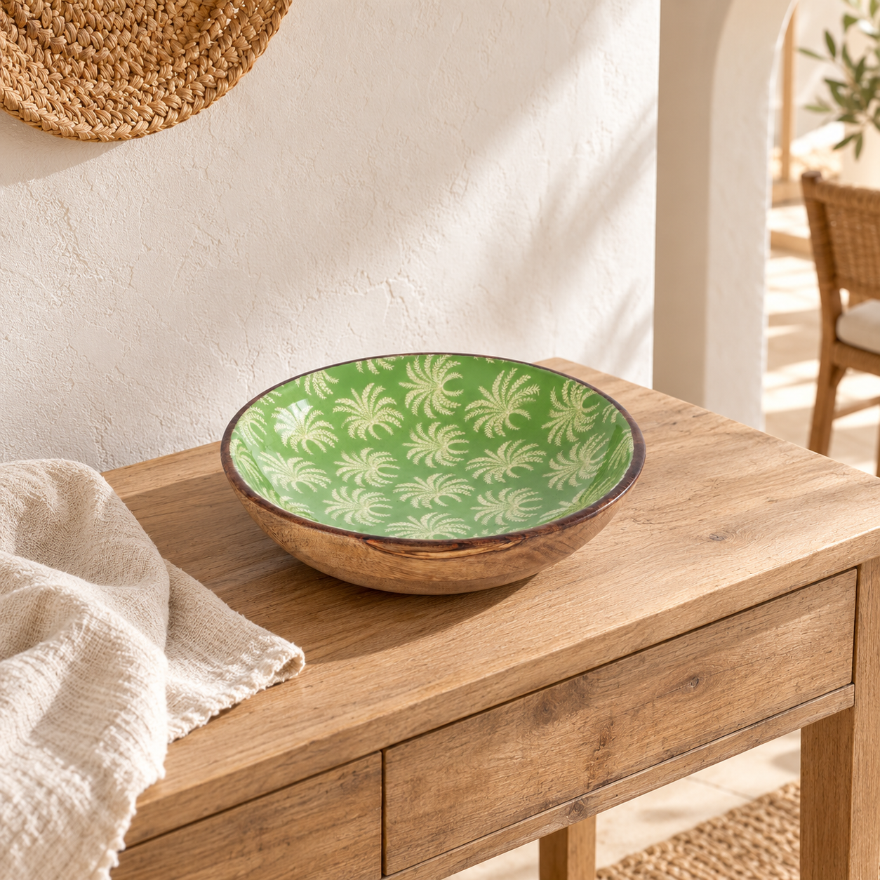 Kom met palmmotief 30 × 30 × 7 cm – 39000, artikel 39000, in een mediterrane binnensfeer