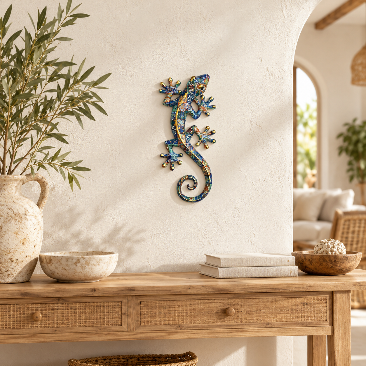 Wanddecoratie hagedis van hars – 28,50 cm, artikel 40091, in een mediterrane binnensfeer met één afgebeelde voorbeeldvariant